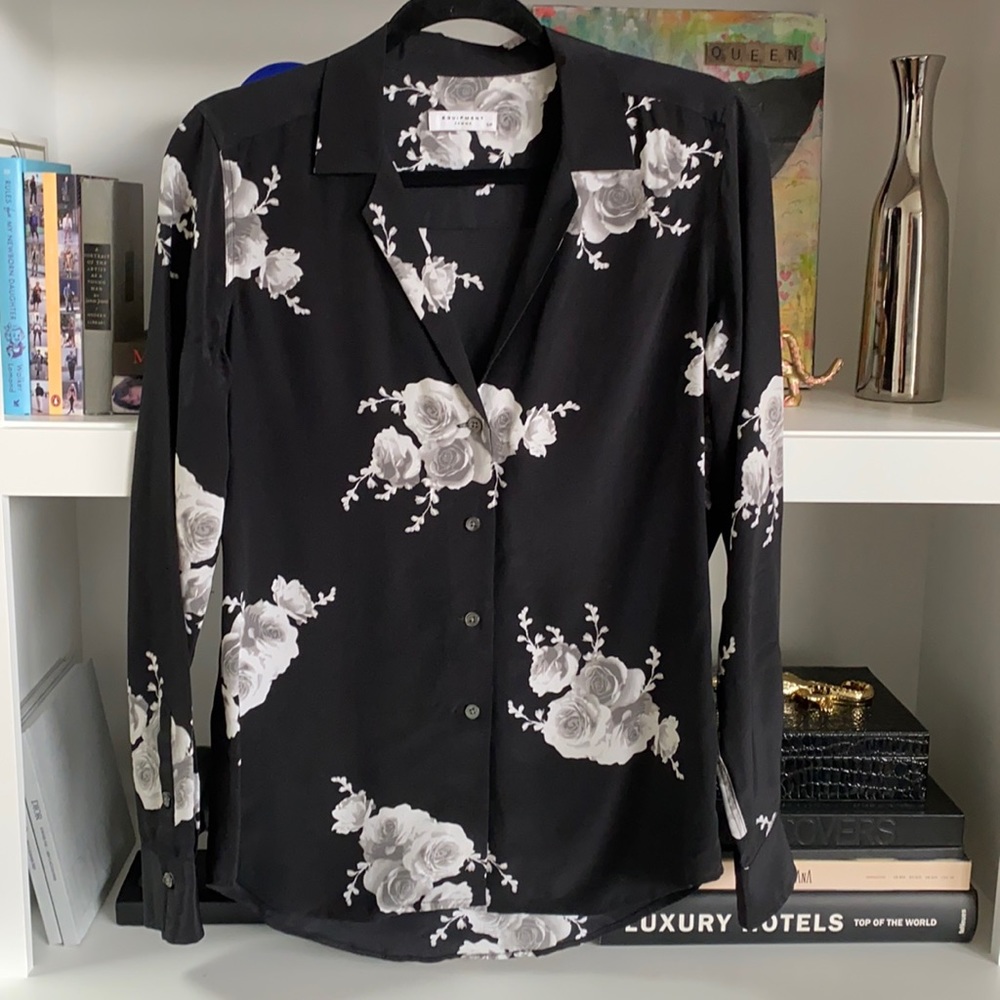 Equipment Black Floral Button-Up Blouse with White Roses